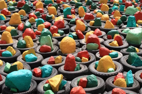 URBAN FLOWERS. 2010. Painted boulders, tyres. Pedvale Art Park, Latvia